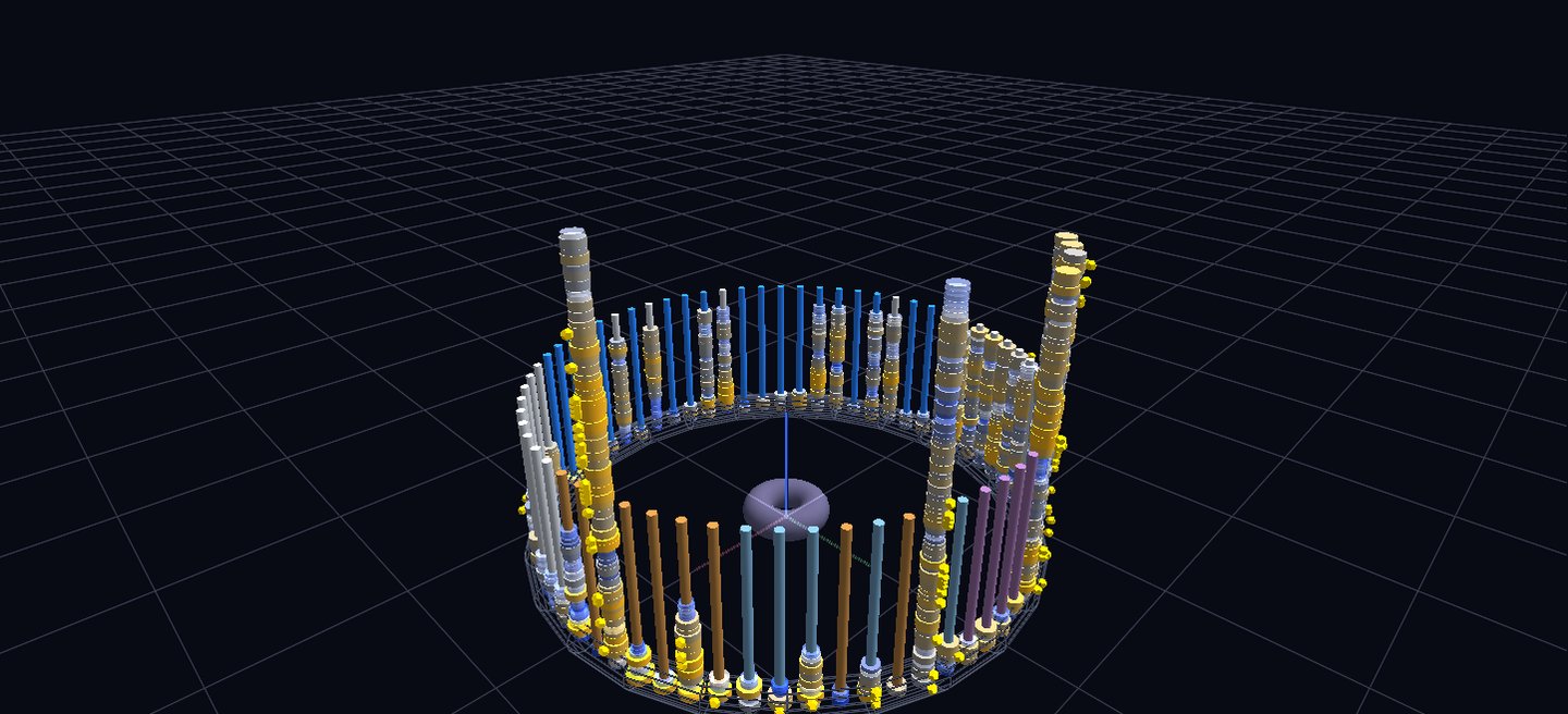 A ring of vertical towers built from stacked discs, representing a century of hockey franchises