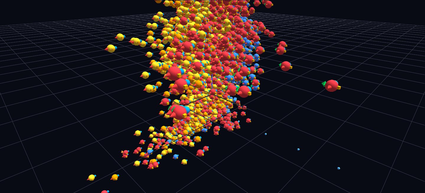 A dense swarm of thousands of red, yellow, and blue spheres