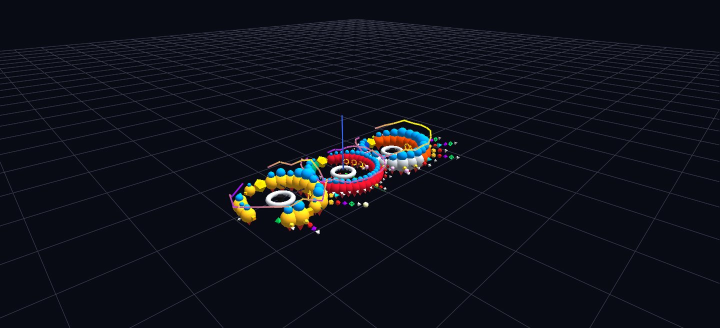 Three colorful interlocking rings of glyphs, like orbiting orreries
