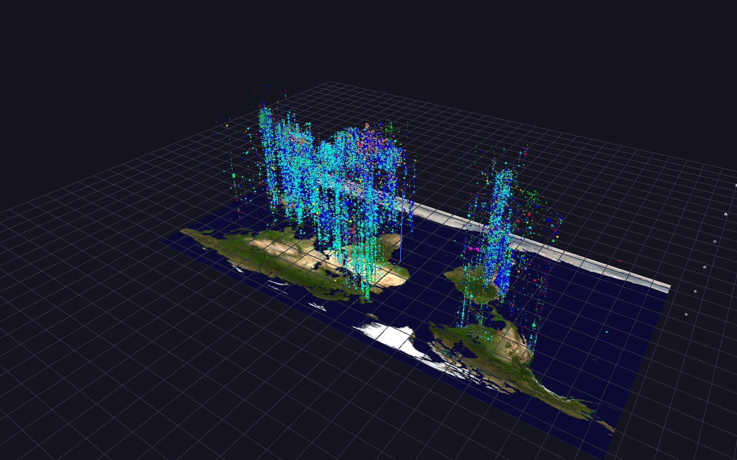 Thousands of colorful spike towers rising off a satellite-textured world map