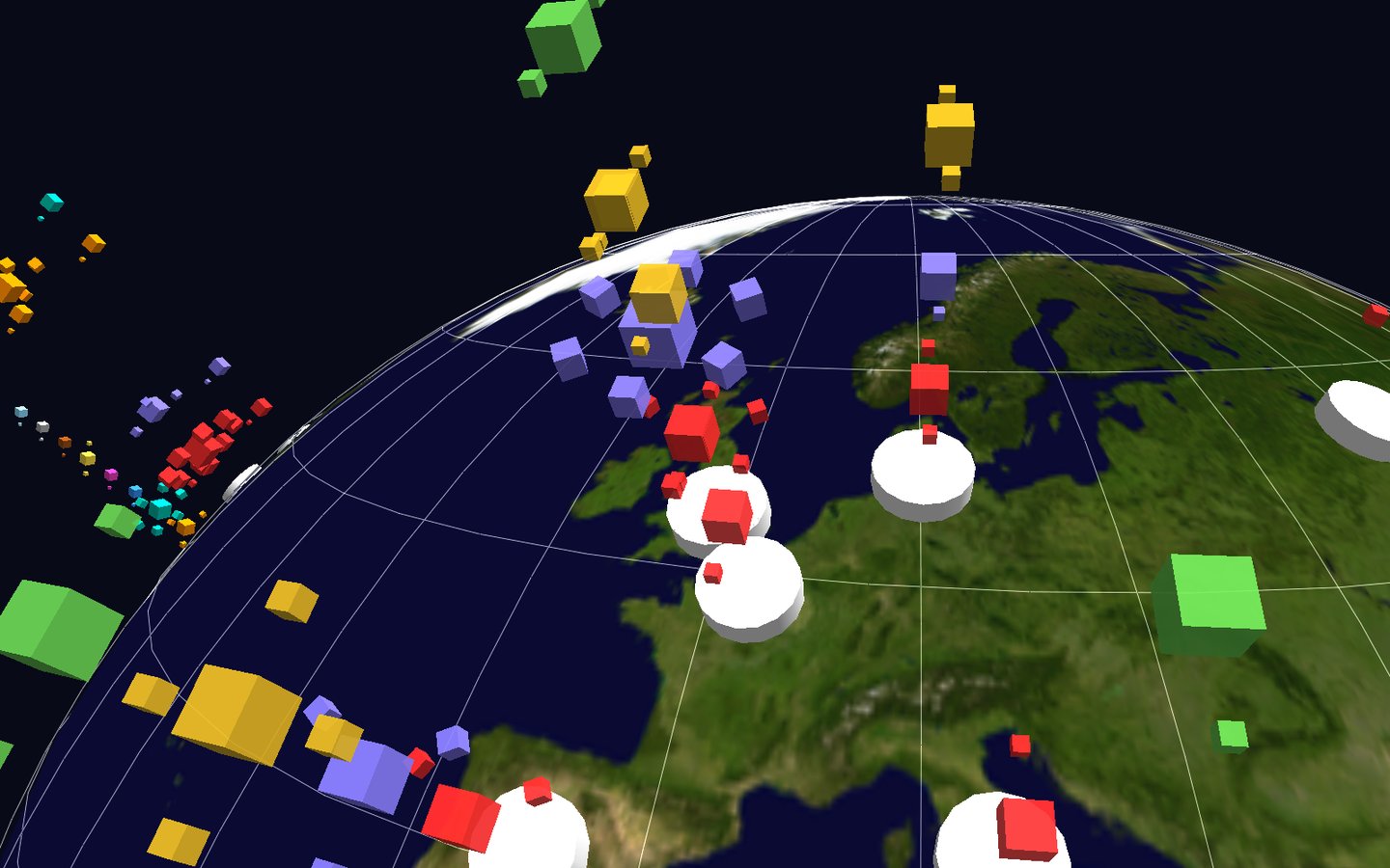 A textured globe of Earth with colorful cube towers rising from news hotspots