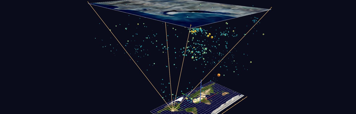 An aerial map plate with a zoom-callout frustum of colored earthquake hypocenters glowing beneath it