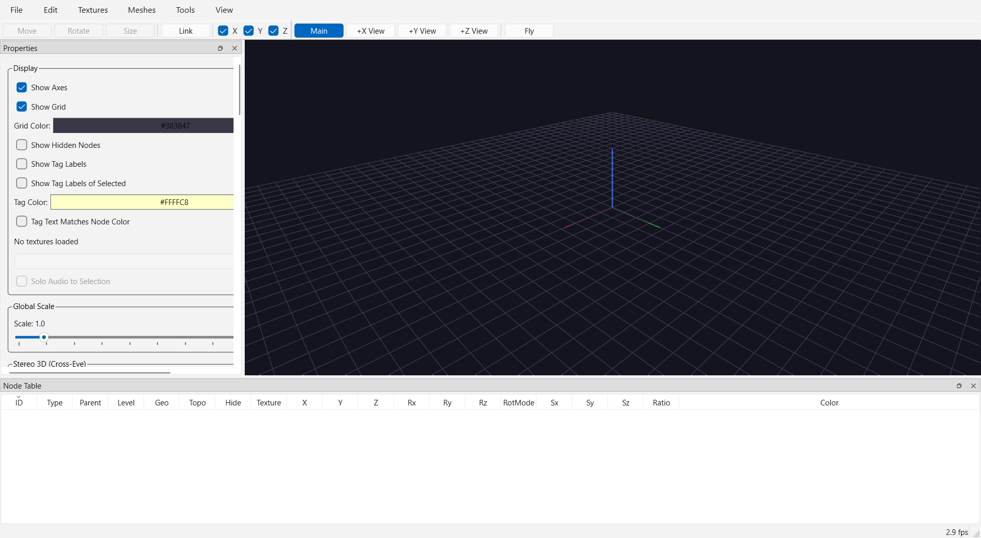 The GlyphViz window on first launch: empty Viewer, Properties and Node Table docks, toolbars across the top