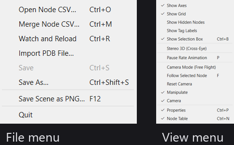The File and View menus side by side, with their keyboard shortcuts