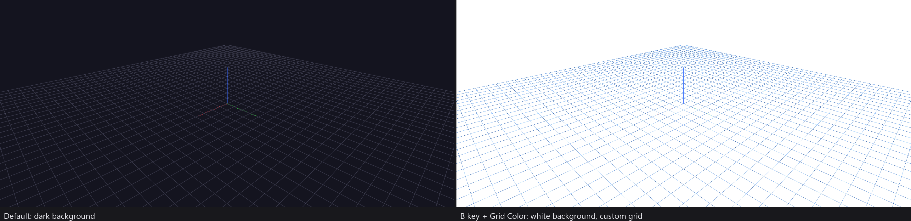 Left: the default dark Viewer with reference grid and axes. Right: the same view after the B key and a custom Grid Color