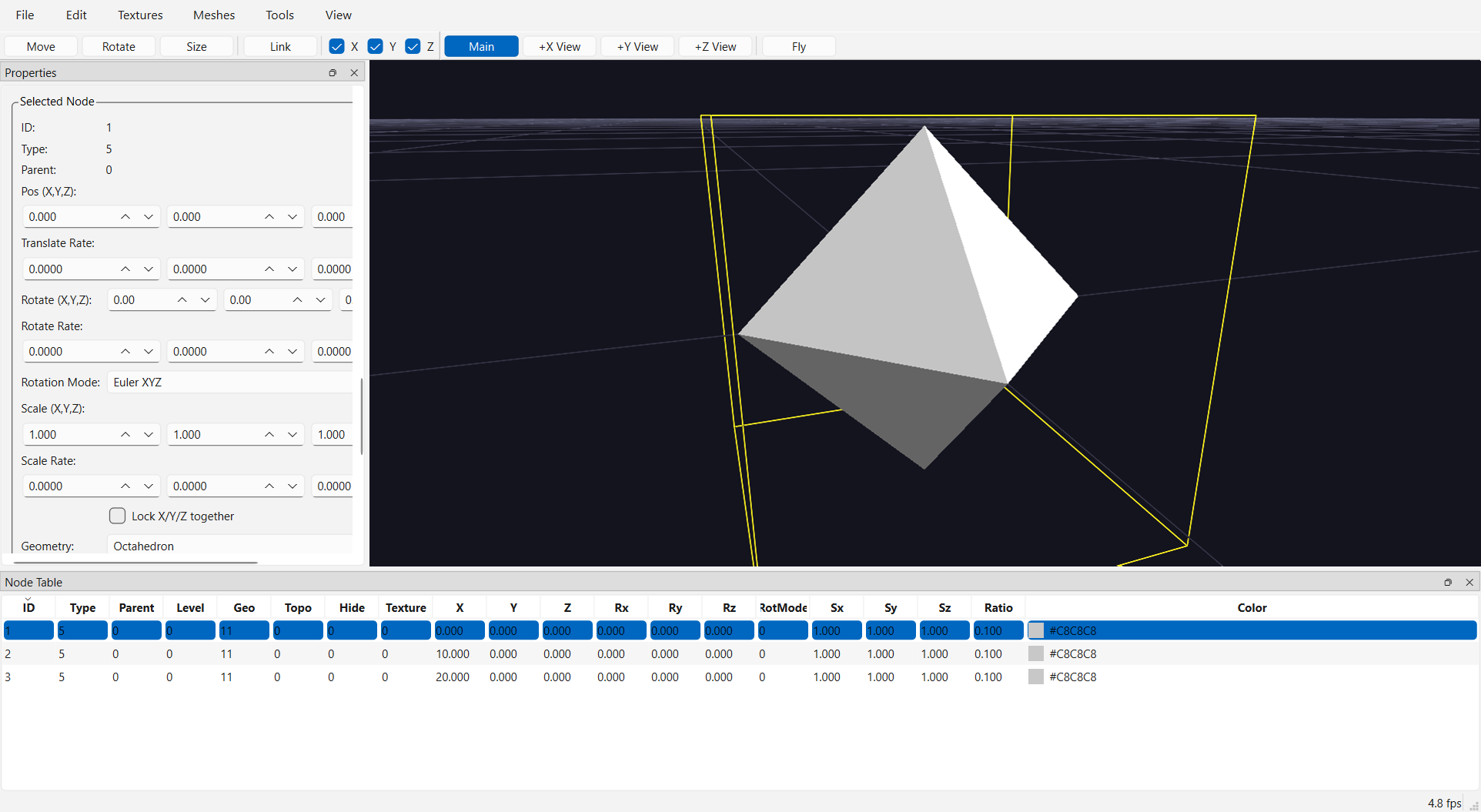An octahedron up close with the yellow selection box; the Properties panel shows its Selected Node fields and the Node Table highlights its row