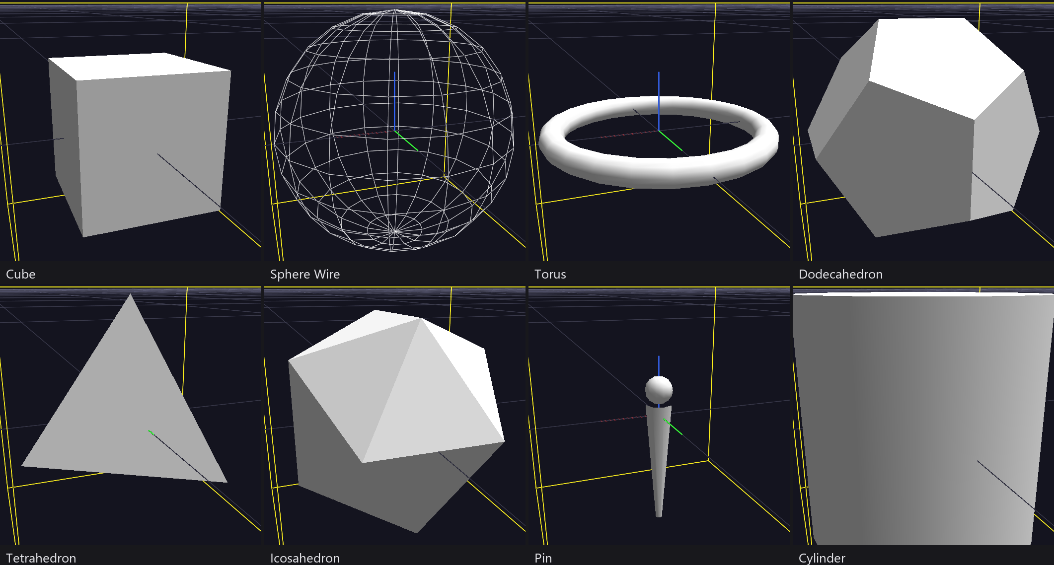 The same selected node as eight different geometries: Cube, Sphere Wire, Torus, Dodecahedron, Tetrahedron, Icosahedron, Pin, Cylinder