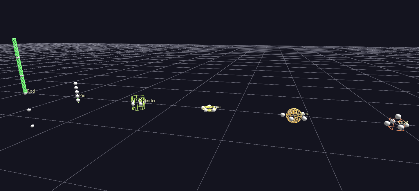 The Topology_Example scene: labeled stations for Cube, Sphere, Torus, Cylinder, Pin, and Rod topologies, each placing the same children differently