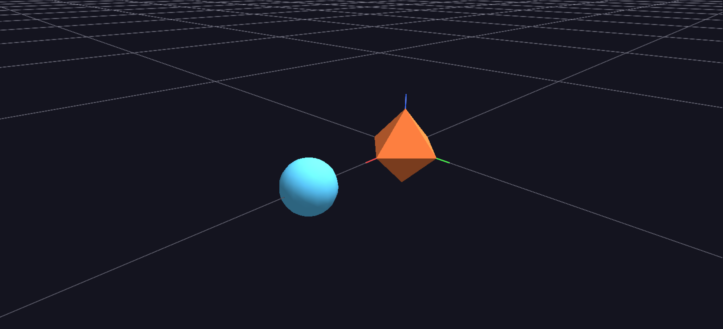 The finished two-node scene: an orange octahedron with a smaller blue sphere offset to one side